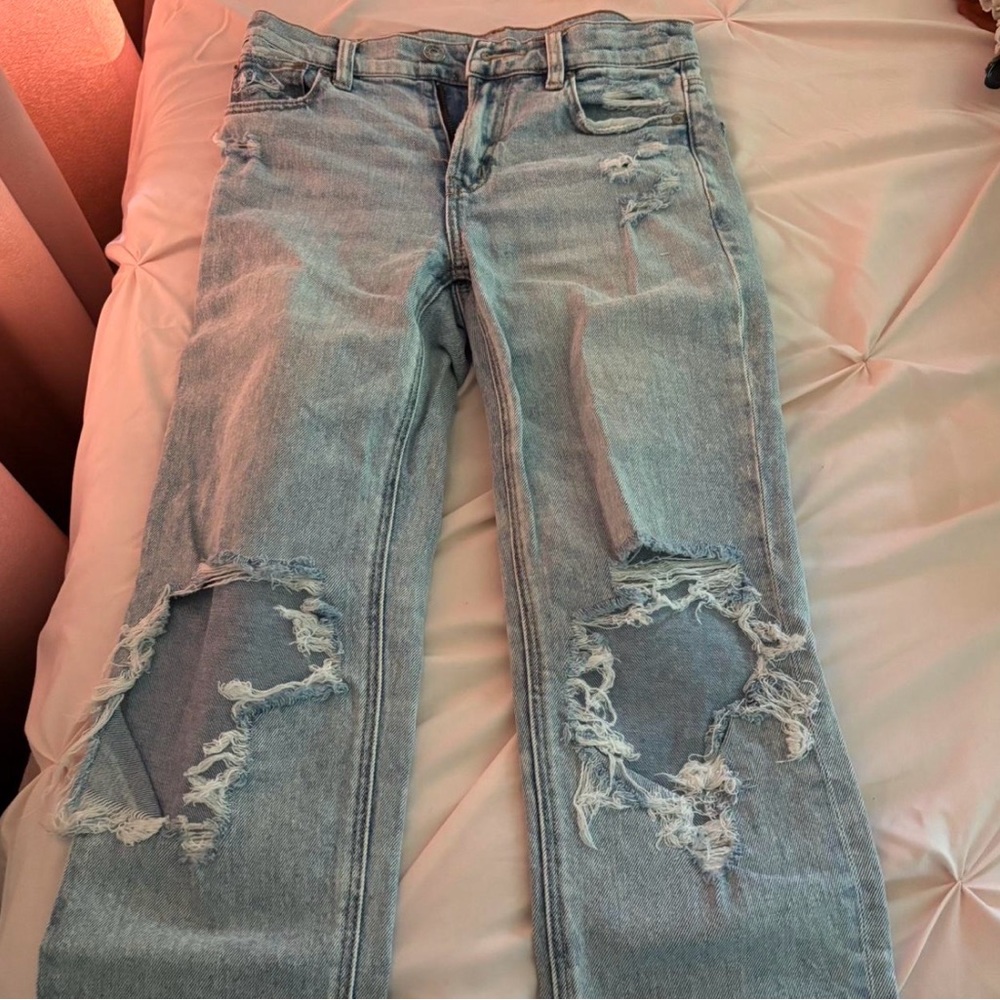 American Eagle Outfitters Ripped Light Blue Straight Leg Jeans